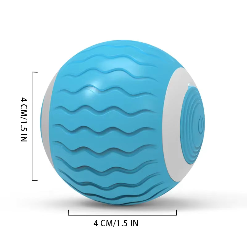 Blue massage ball with white accents and measurements on a white background