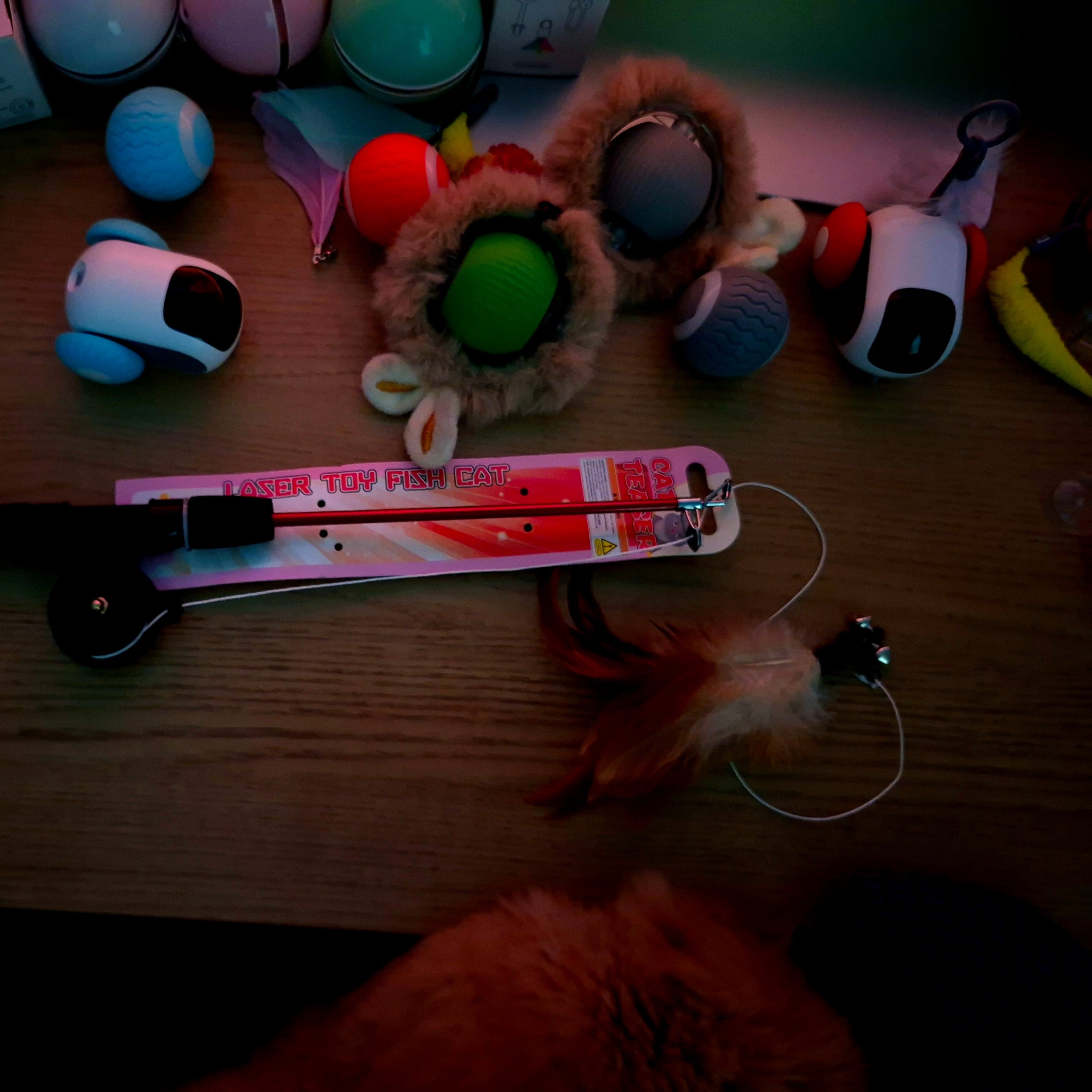 Dog toys and a toy gun on a wooden surface
